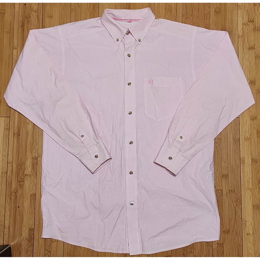 Ariat Pro Series Shirt Mens Medium Pink Striped Button Up Western Cowboy Rodeo